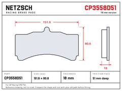 NETZSCH AP Racing CP3558D51 brake pad drawing, 18 mm thick