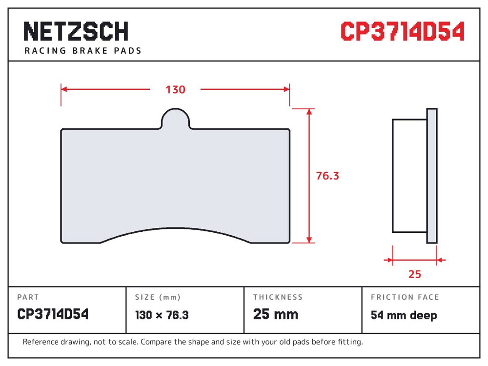 NETZSCH AP Racing CP3714D54 brake pad drawing, 25 mm thick