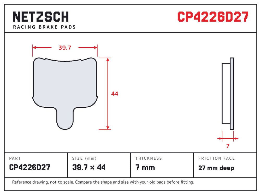 NETZSCH AP Racing CP4226D27 brake pad drawing, 7 mm thick