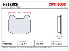 NETZSCH AP Racing CP5119D50 brake pad drawing, 14.35 mm thick