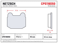 NETZSCH AP Racing CP5119D50 brake pad drawing, 16 mm thick