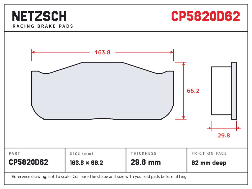 NETZSCH AP Racing CP5820D62 brake pad drawing, 29.8 mm thick