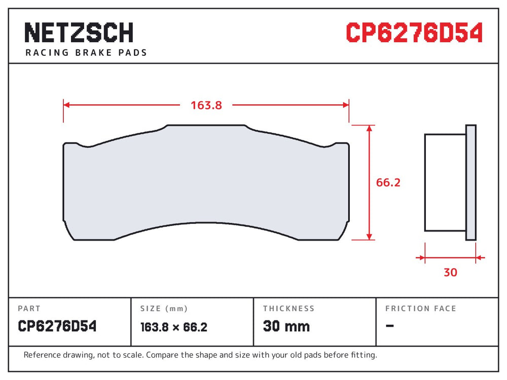 NETZSCH AP Racing CP6276D54 brake pad drawing, 30 mm thick