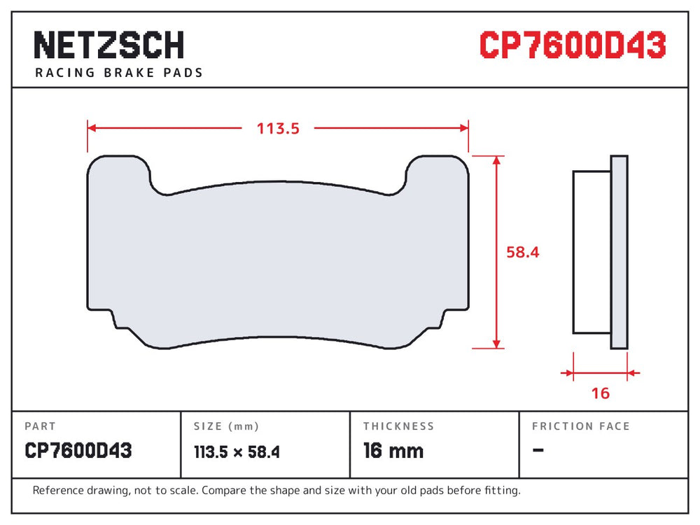 NETZSCH AP Racing CP7600D43 brake pad drawing, 16 mm thick