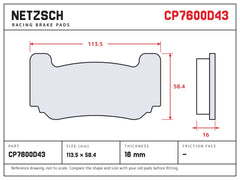 NETZSCH AP Racing CP7600D43 brake pad drawing, 16 mm thick