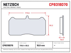 NETZSCH AP Racing CP8318D70 brake pad drawing, 16.9 mm thick