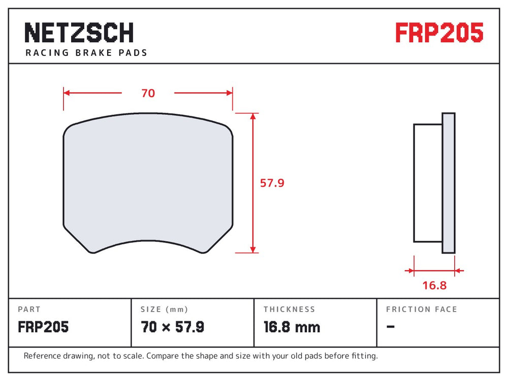 NETZSCH Ferodo FRP205 brake pad drawing, 16.8 mm thick