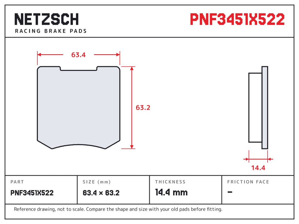 NETZSCH Alcon PNF3451X522 brake pad drawing, 14.4 mm thick