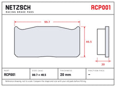 NETZSCH Endless RCP001 brake pad drawing, 20 mm thick