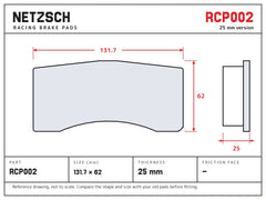 NETZSCH Endless RCP002 brake pad drawing, 25 mm thick