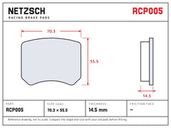 NETZSCH Endless RCP005 brake pad drawing, 14.5 mm thick