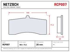 NETZSCH Endless RCP007 brake pad drawing, 20 mm thick