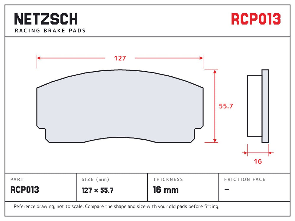 NETZSCH Endless RCP013 brake pad drawing, 16 mm thick