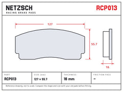 NETZSCH Endless RCP013 brake pad drawing, 16 mm thick