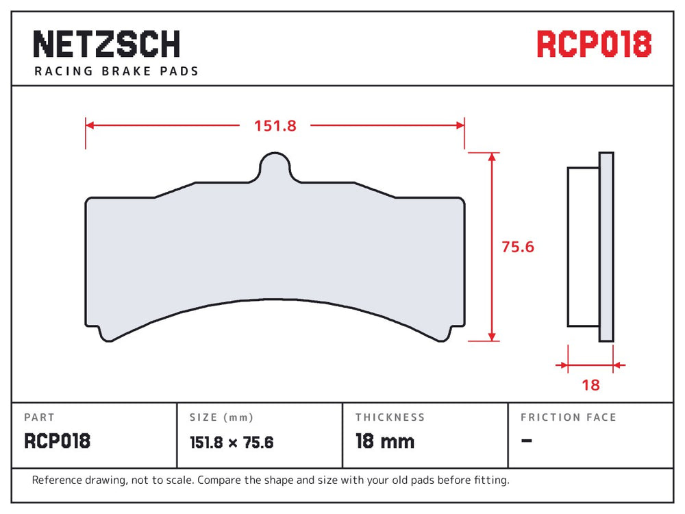 NETZSCH Endless RCP018 brake pad drawing, 18 mm thick