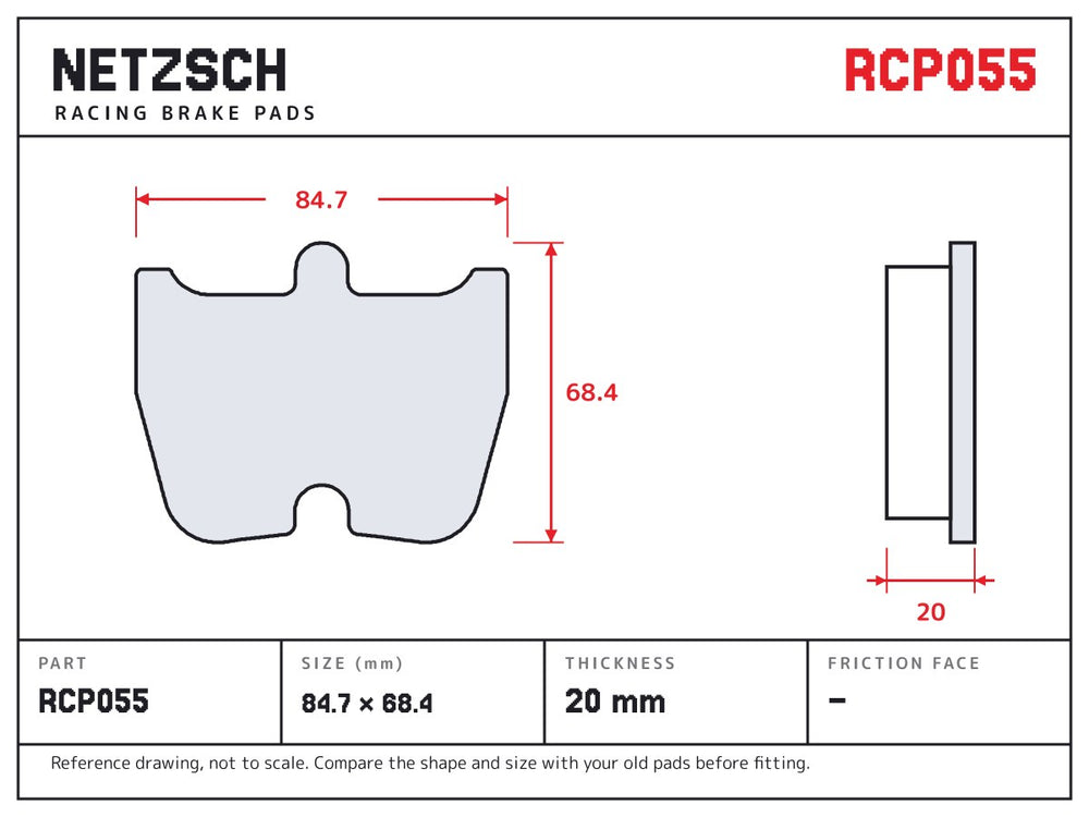NETZSCH Endless RCP055 brake pad drawing, 20 mm thick