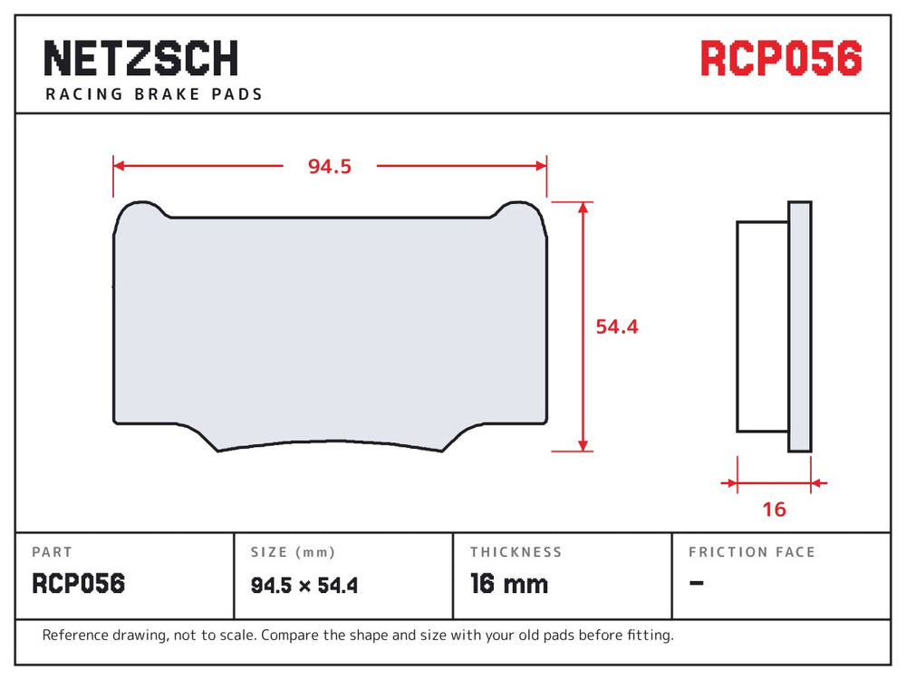 NETZSCH Endless RCP056 brake pad drawing, 16 mm thick
