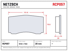 NETZSCH Endless RCP057 brake pad drawing, 20 mm thick