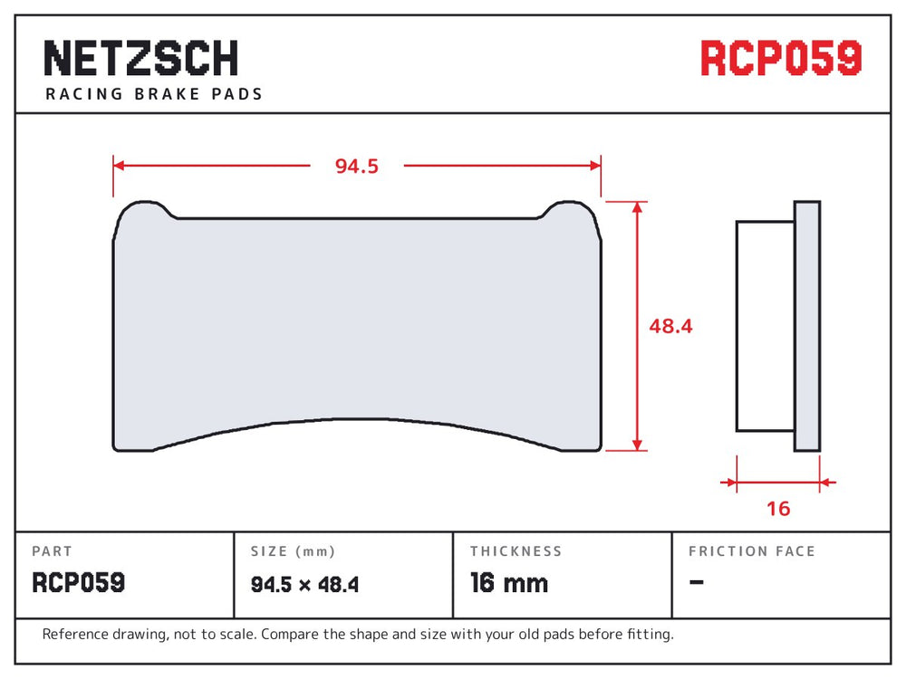 NETZSCH Endless RCP059 brake pad drawing, 16 mm thick