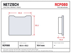 NETZSCH Endless RCP060 brake pad drawing, 14.4 mm thick