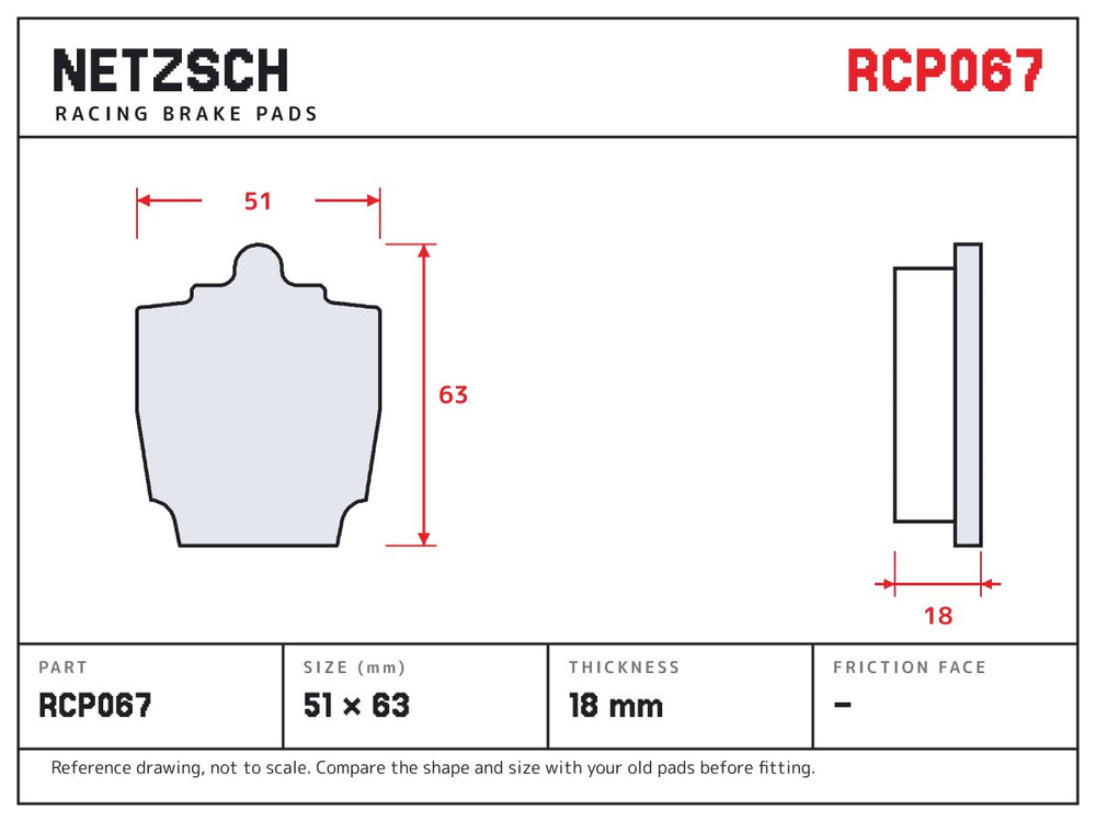 NETZSCH Endless RCP067 brake pad drawing, 18 mm thick