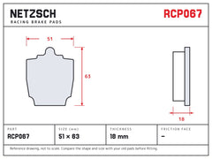 NETZSCH Endless RCP067 brake pad drawing, 18 mm thick