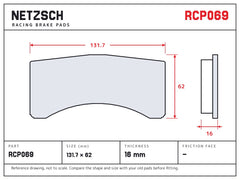 NETZSCH Endless RCP069 brake pad drawing, 16 mm thick