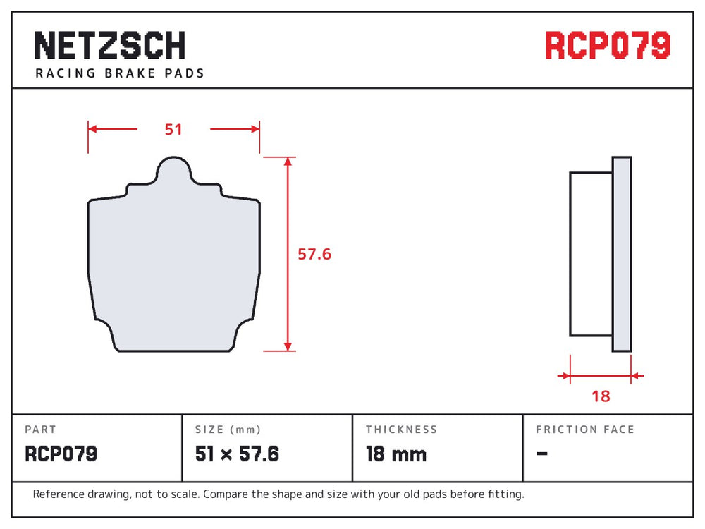 NETZSCH Endless RCP079 brake pad drawing, 18 mm thick