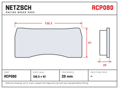 NETZSCH Endless RCP080 brake pad drawing, 20 mm thick