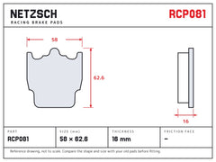 NETZSCH Endless RCP081 brake pad drawing, 16 mm thick