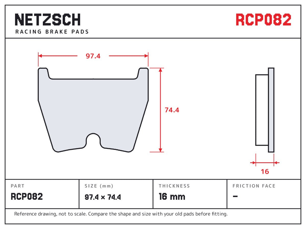 NETZSCH Endless RCP082 brake pad drawing, 16 mm thick