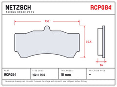 NETZSCH Endless RCP084 brake pad drawing, 16 mm thick