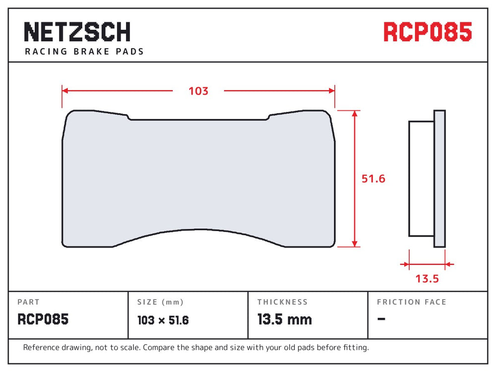 NETZSCH Endless RCP085 brake pad drawing, 13.5 mm thick