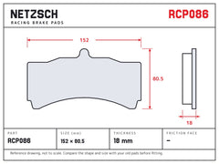 NETZSCH Endless RCP086 brake pad drawing, 18 mm thick