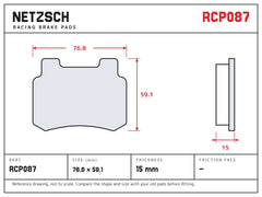 NETZSCH Endless RCP087 brake pad drawing, 15 mm thick