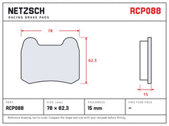 NETZSCH Endless RCP088 brake pad drawing, 15 mm thick