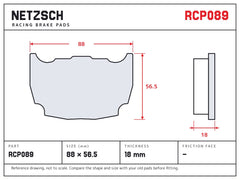 NETZSCH Endless RCP089 brake pad drawing, 18 mm thick