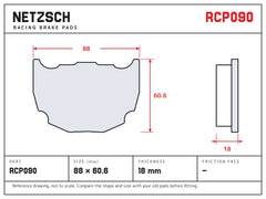 NETZSCH Endless RCP090 brake pad drawing, 18 mm thick