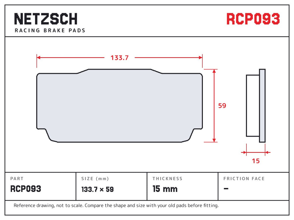 NETZSCH Endless RCP093 brake pad drawing, 15 mm thick