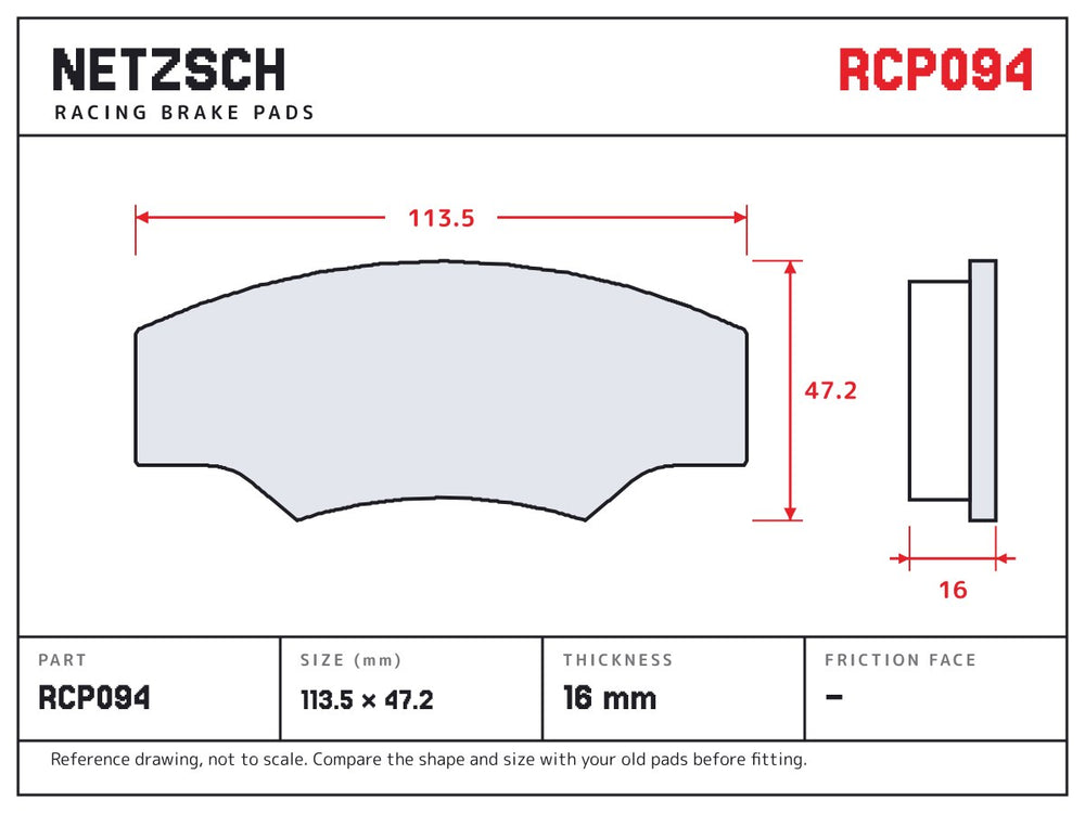 NETZSCH Endless RCP094 brake pad drawing, 16 mm thick