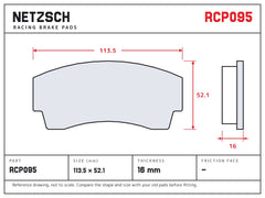 NETZSCH Endless RCP095 brake pad drawing, 16 mm thick