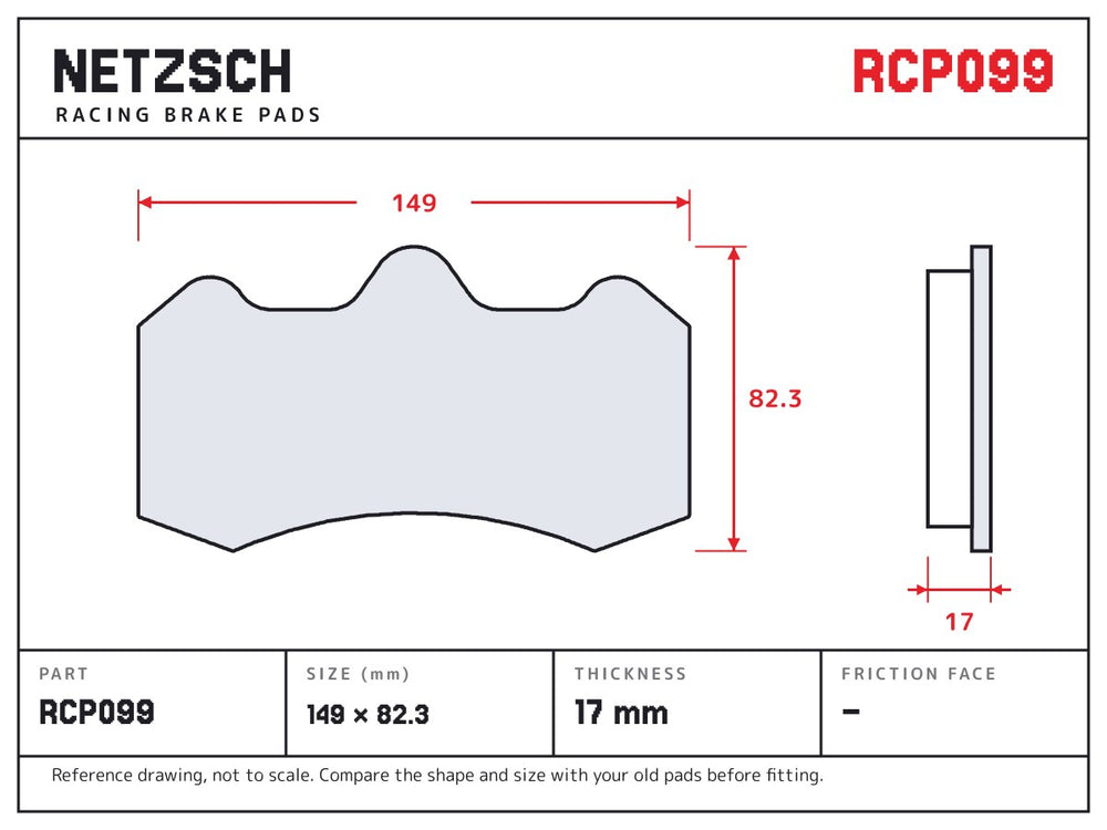 NETZSCH Endless RCP099 brake pad drawing, 17 mm thick