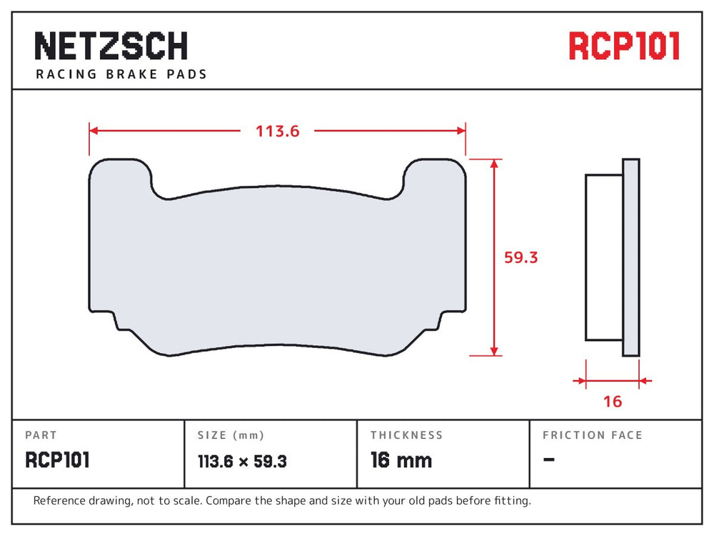 NETZSCH Endless RCP101 brake pad drawing, 16 mm thick