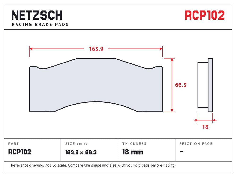 NETZSCH Endless RCP102 brake pad drawing, 18 mm thick