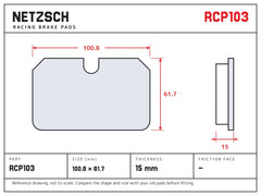 NETZSCH Endless RCP103 brake pad drawing, 15 mm thick