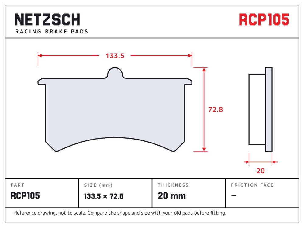NETZSCH Endless RCP105 brake pad drawing, 20 mm thick