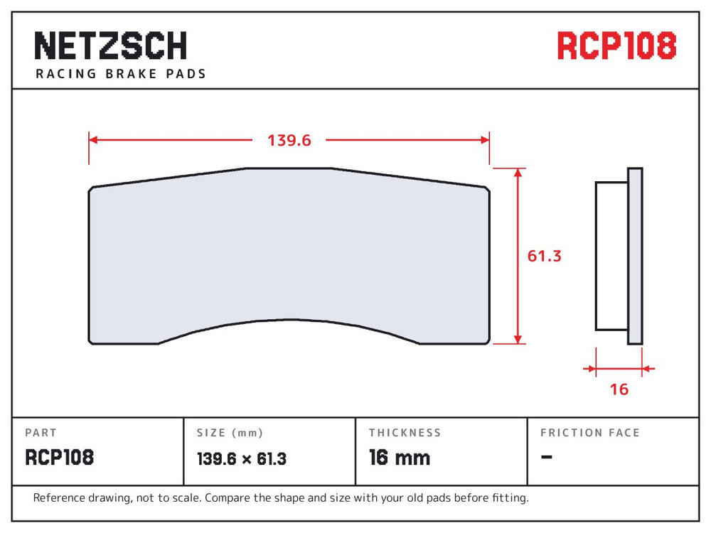 NETZSCH Endless RCP108 brake pad drawing, 16 mm thick