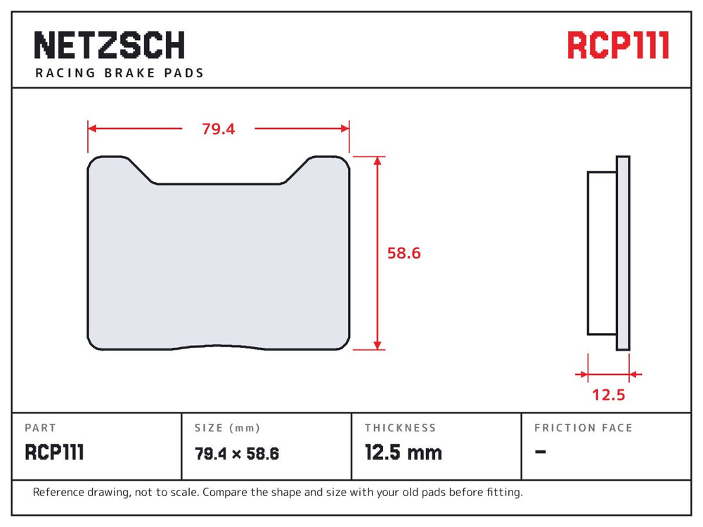 NETZSCH Endless RCP111 brake pad drawing, 12.5 mm thick
