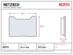 NETZSCH Endless RCP111 brake pad drawing, 12.5 mm thick
