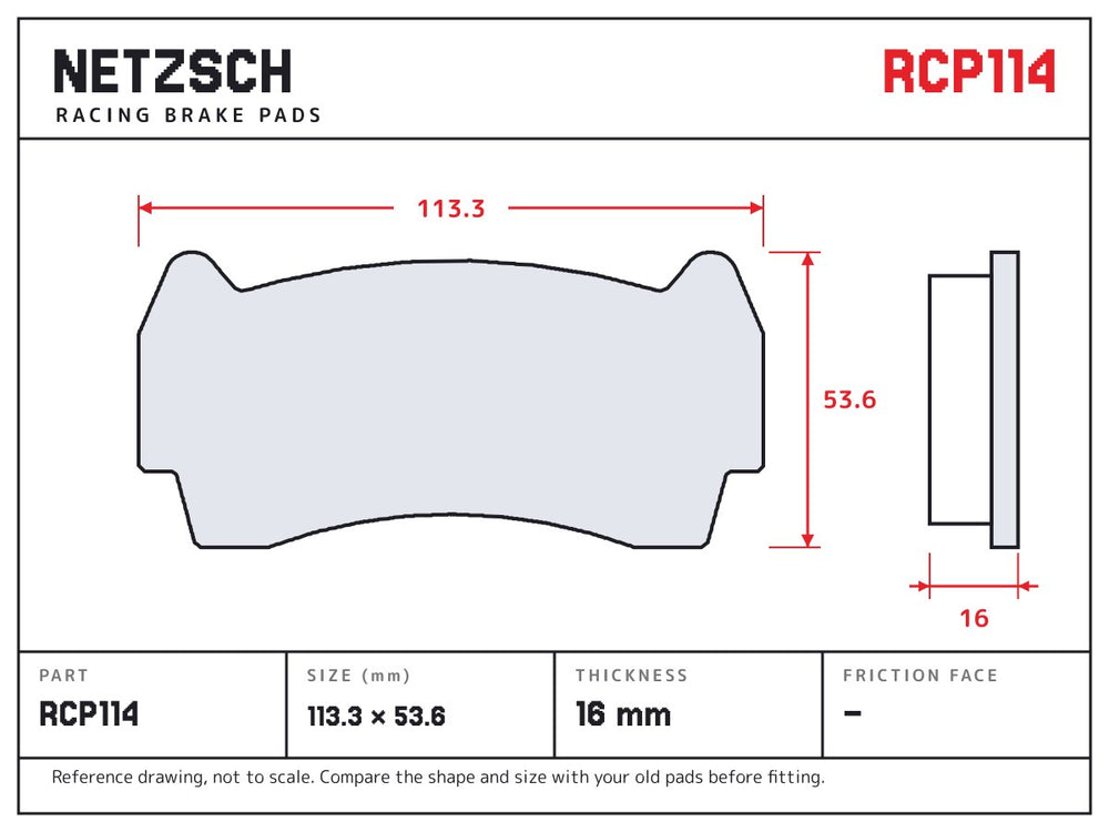 NETZSCH Endless RCP114 brake pad drawing, 16 mm thick